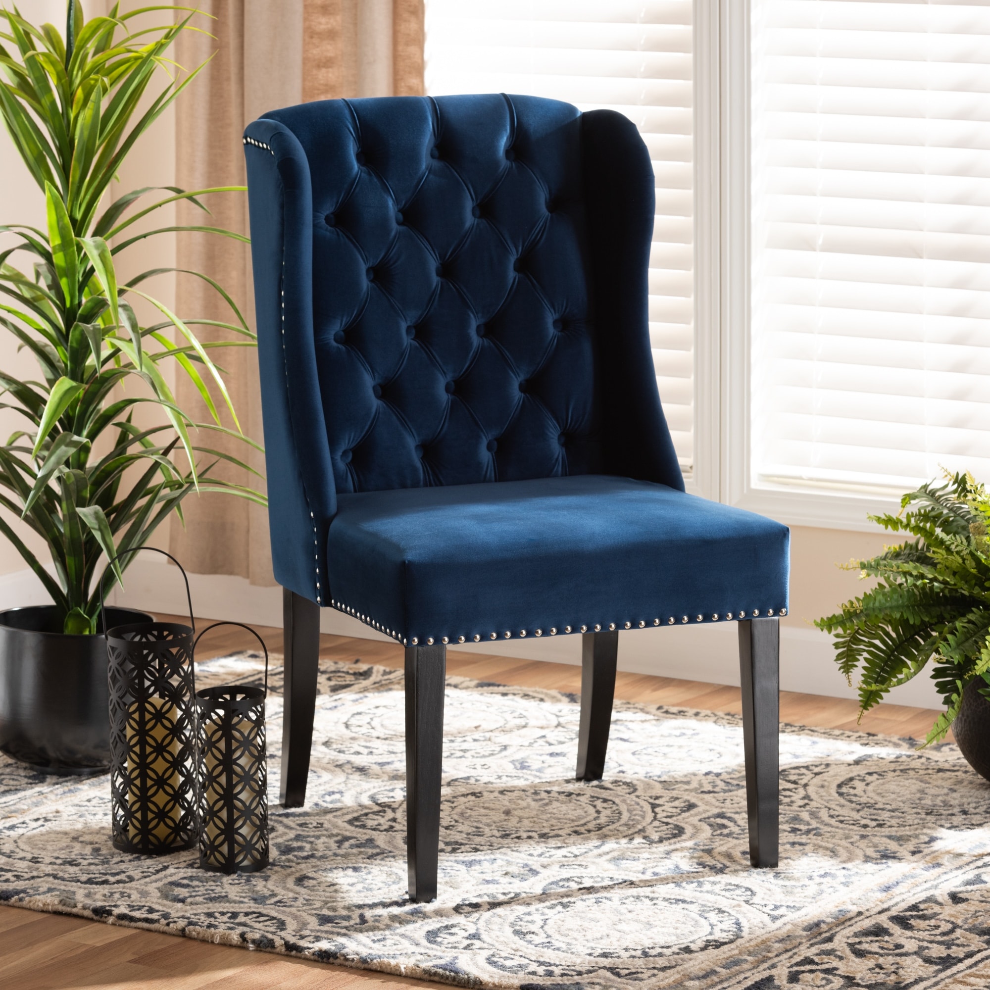 Lamont Grey Velvet Fabric And Dark Brown Wood Wingback Dining Chair Overstock 32337711