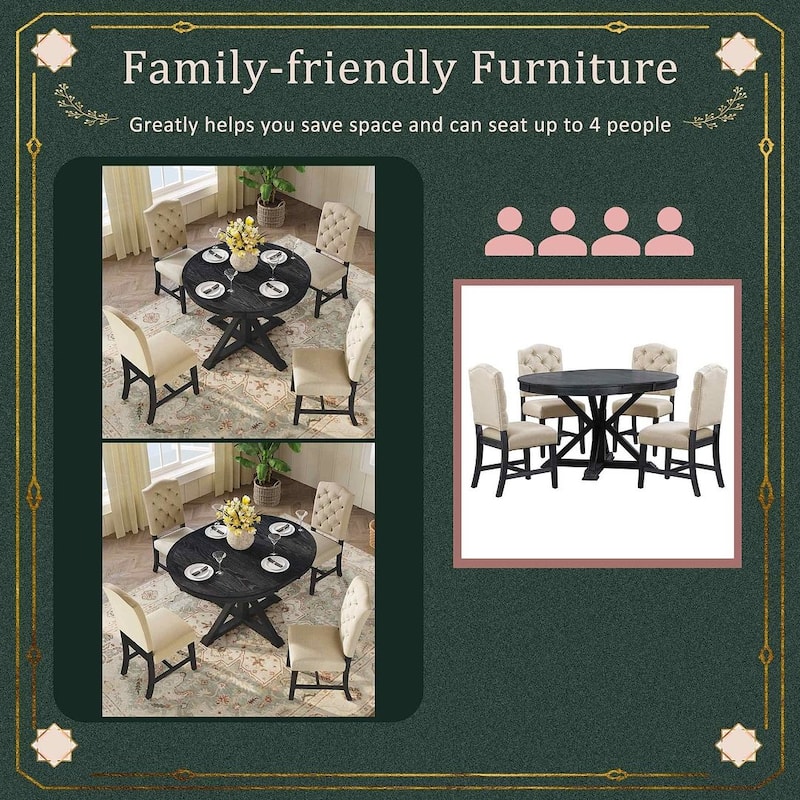 5 PCS Retro Style Dining Table Set for 4 with Extendable Table and 4 Upholstered Chairs