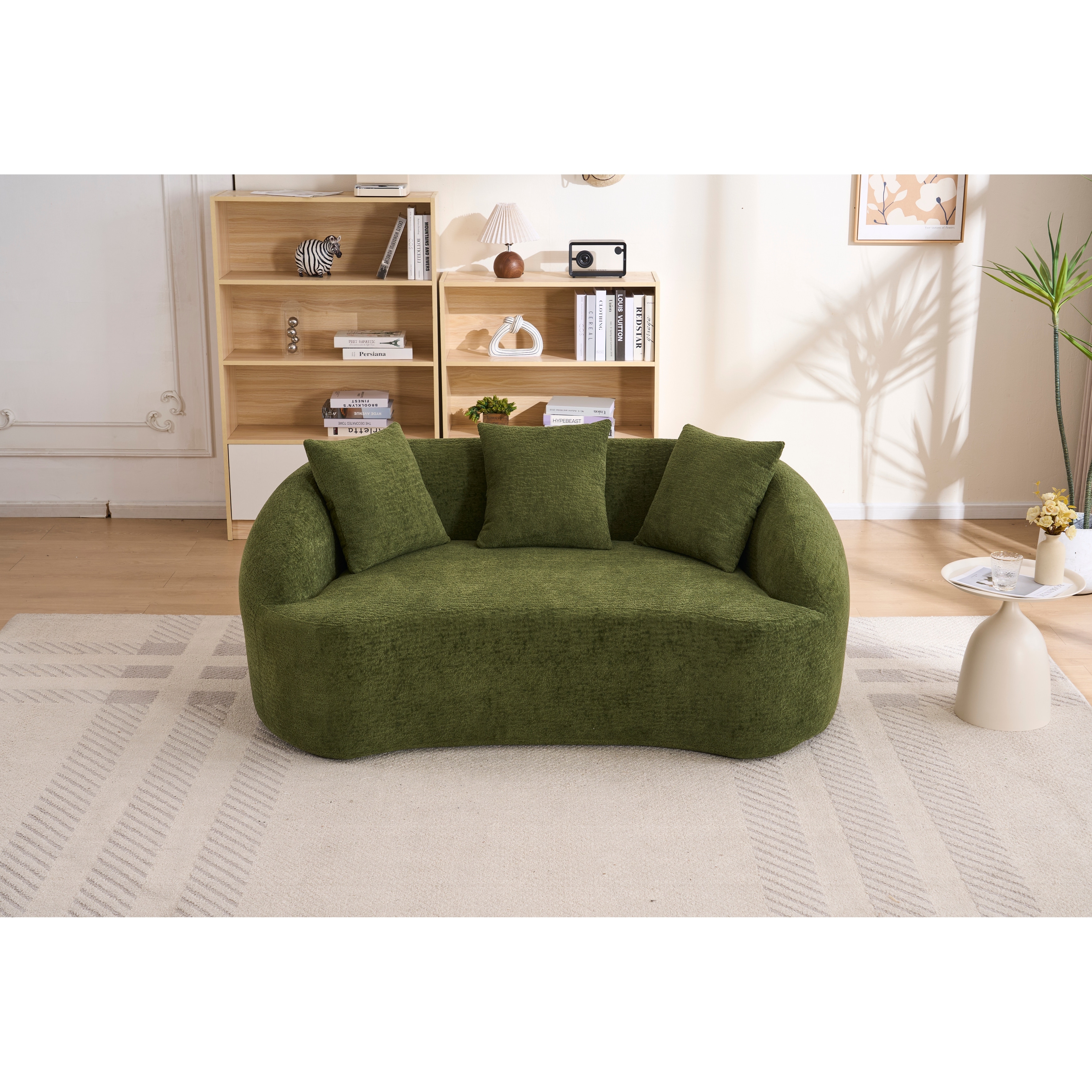Curved Modern Boneless Loveseat: Upgraded Backrest, 2-Seater Off-White Chenille Couch, 3 Pillows – Modular Minimalist.