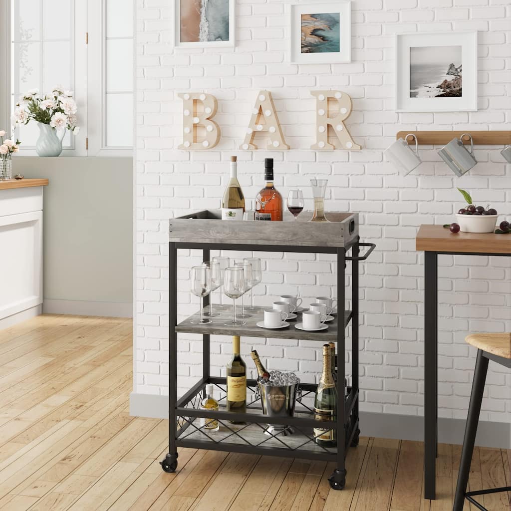 Farmhouse 3 Tier Bar Cart with Wheels and Portable Tray - 23.6"W x 15.7"D x 35.64"H