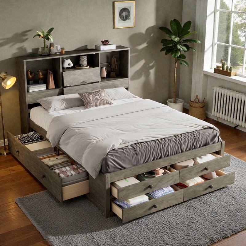 Platform Bed with Headboard Storage and 8 Drawers, Wood Bed Frame with Shelves and No Box Spring Needed