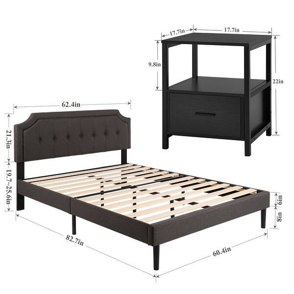 dimension image slide 7 of 13, VECELO 3-Pieces Modern Upholstered Bed with Height Adjustable Headboard and Nightstands Sets