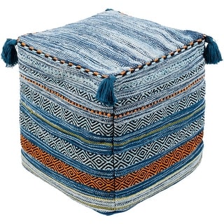 18" Denim Blue and Orange Cubic Pouf Ottoman with Tassels