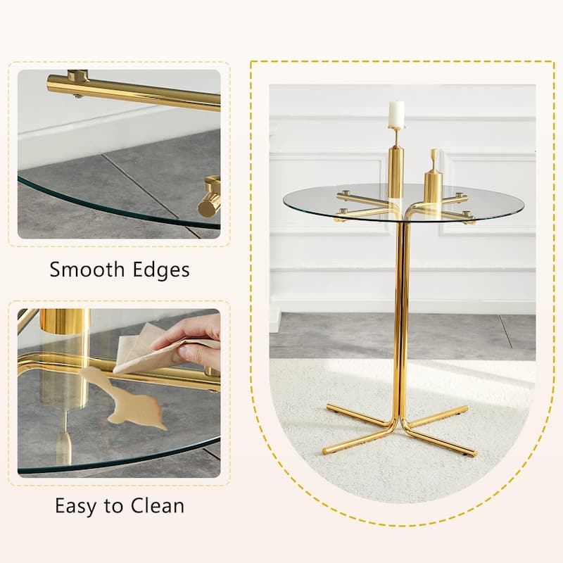 36" Round Glass Bar Table - Tempered Glass Top, Gold Chrome Column Base, Space-Saving Design