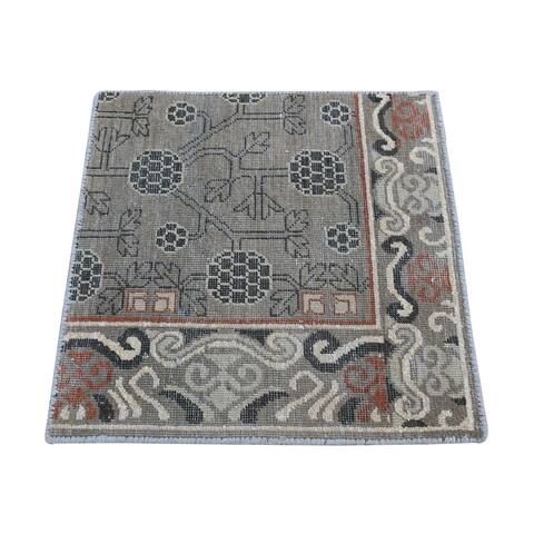 Shahbanu Rugs Mocha Brown Zero Pile Khotan and Samarkand Design Sample Fragment Pure Wool Hand Knotted Oriental Rug (2'1"x2'2")