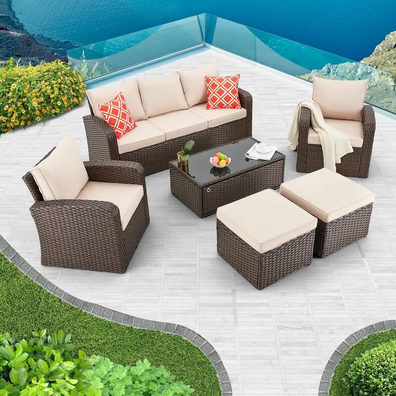 6-Piece Rattan Patio Set with Fire Pit Table, Outdoor Conversation Set with Cushions, Weather-Resistant Sofa Sectional - 6-Piece - Khaki