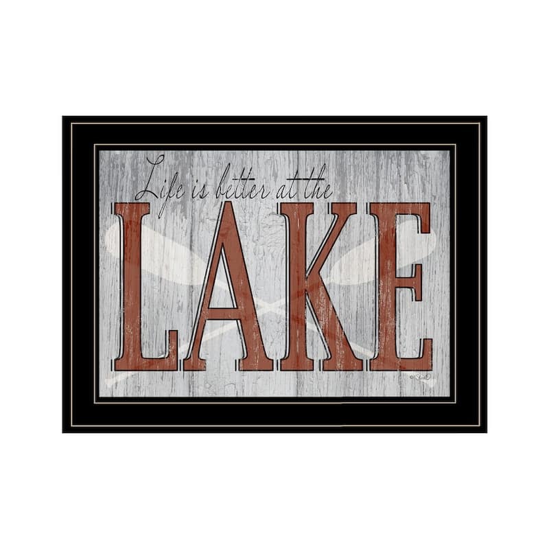 TrendyDecor4U "Life is Better at the Lake" Framed Print Wall Art by Kate Sherrill - Blue, Green, Pink - 15 x 19 - Black