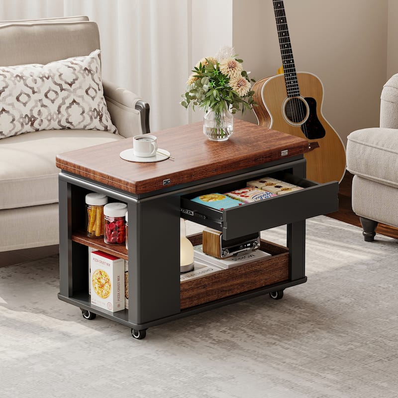 27.6" Modern Coffee Table with Foldable Top & Casters, Multi-Tier Storage Side Table for Living Room