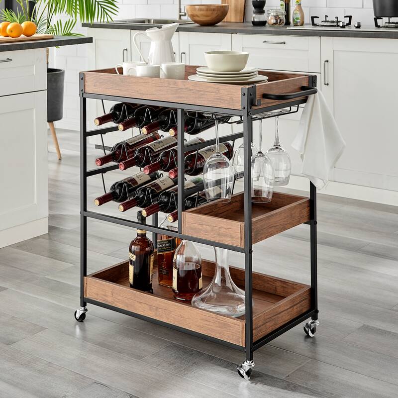 Rustic Walnut Veneer and Metal Rolling Farmhouse Wine Bar Cart with Wine Bottle and Glass Rack