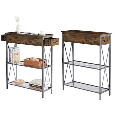 Modern Narrow Console Table with 2 Dual Drawer and Shelves, Set of 2, Brown