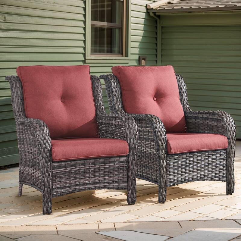 Outdoor Arm Chair with Cushion Rattan Chair - Grey Rattan - Red Cushion - 2PCS - Patio Chair