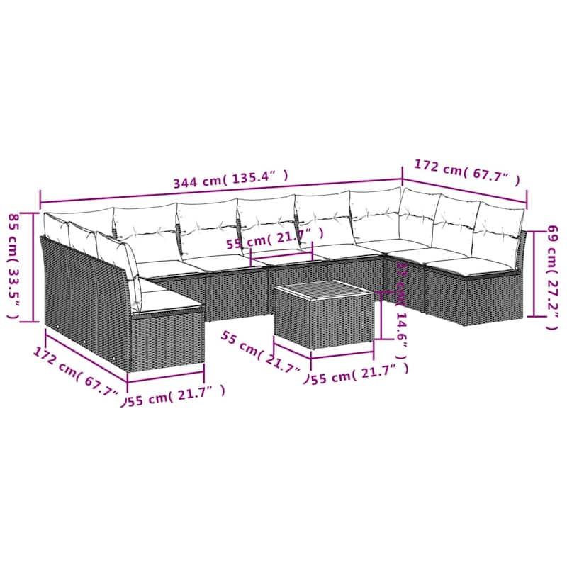 vidaXL 11 Piece Patio Sofa Set with Cushions Black Poly Rattan - 24.4" x 24.4" x 27.2"