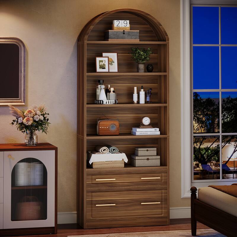 5-Tier White Arched Bookshelf with File Cabinet Drawer, 76.8" Tall Freestanding Wooden Bookcase