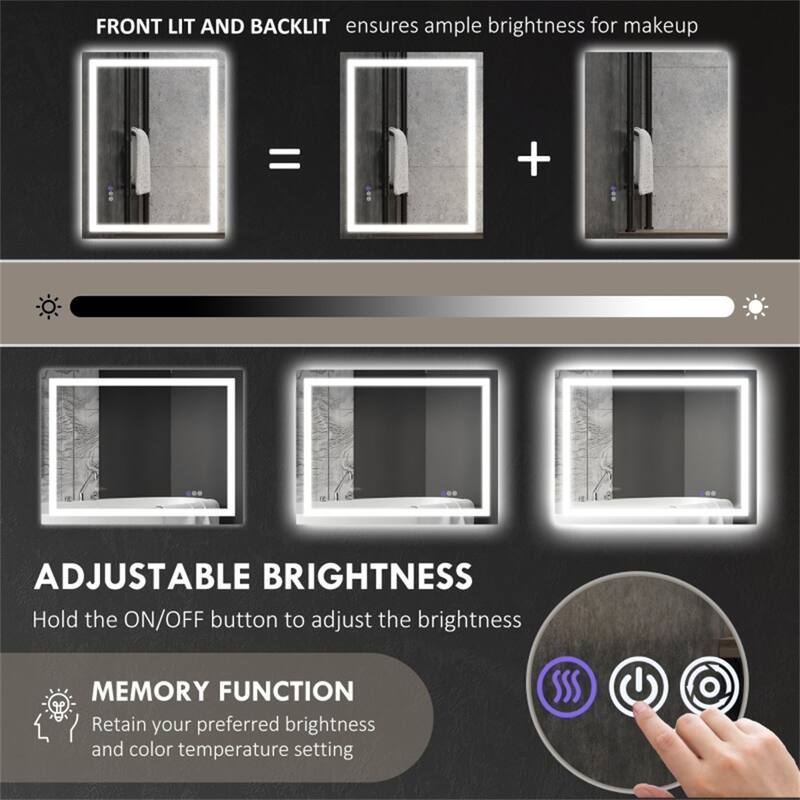 Clear Glass LED Vanity Mirror with Aluminum Frame, Defog and Touch Control - 31.5" W x 23.6" H x 1.6" D