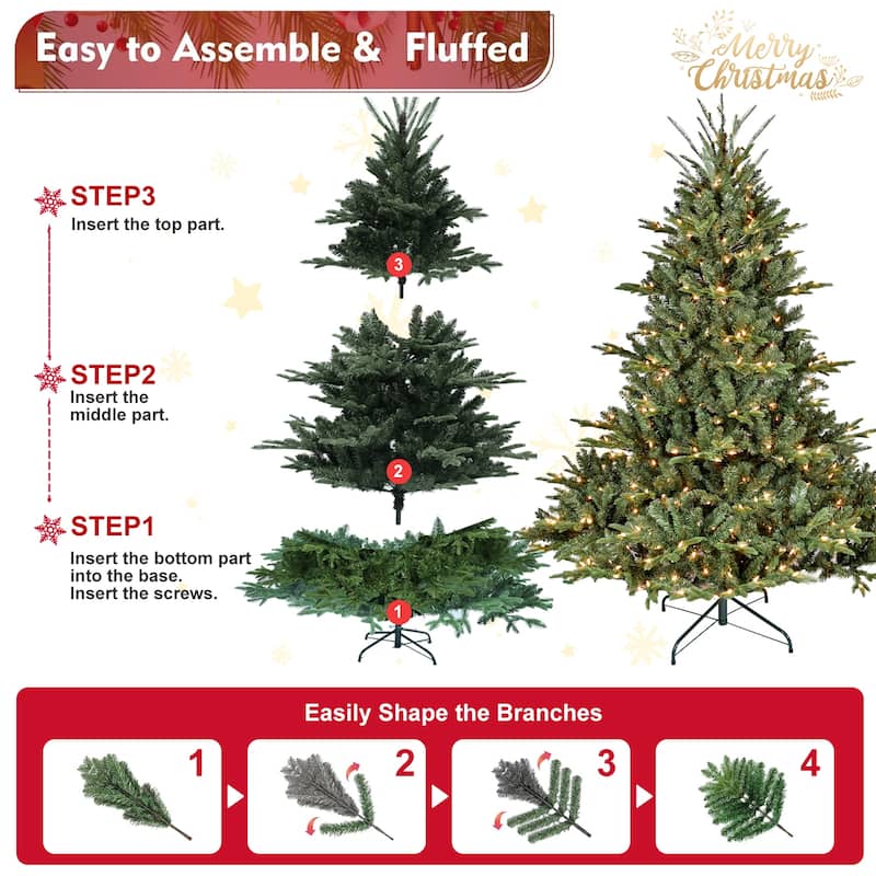 7FT Full-Shape Christmas Tree with 750 UL Lights-PE/PVC Mixed Branches, 2257 Tips,Wide Base for Spacious Areas