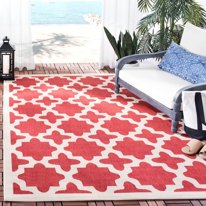 SAFAVIEH Courtyard Dorthey Indoor/ Outdoor Waterproof Patio Backyard Rug - 2'7" x 5' - Red/Bone