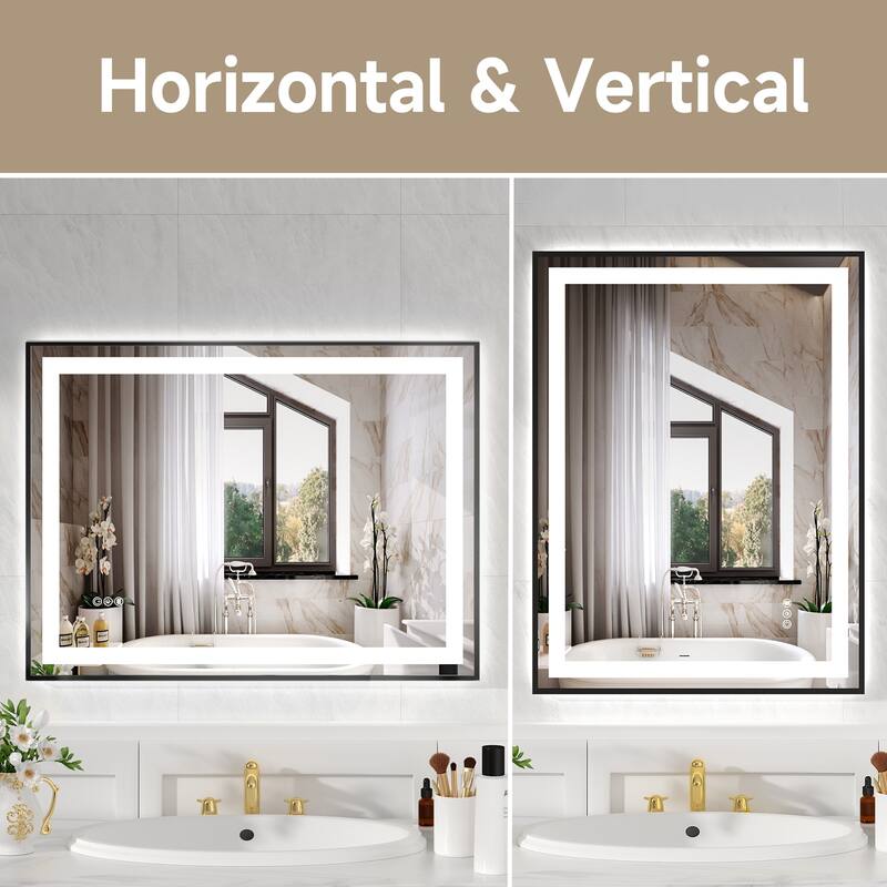 Black LED Bathroom Mirror with Tempered Glass, Anti-Fog and Dimmable