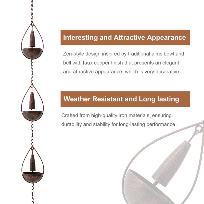 Glitzhome 8.5ft Faux Copper Bowl and Bell Shaped Rain Chain with Clip