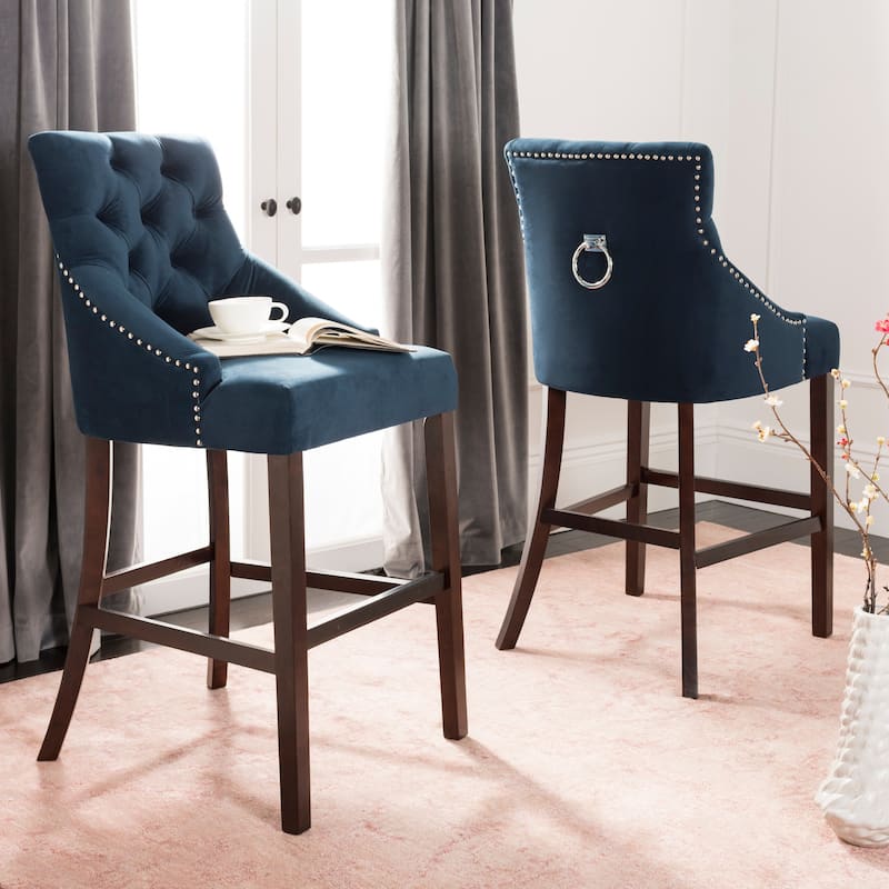 SAFAVIEH Clara 30-inch Tufted Wing Back Bar Stool (Set of 2) - 22.5" x 25" x 45" - 23Wx25Dx45H - Navy Velvet/Chrome Nh+Ring/Espresso Leg