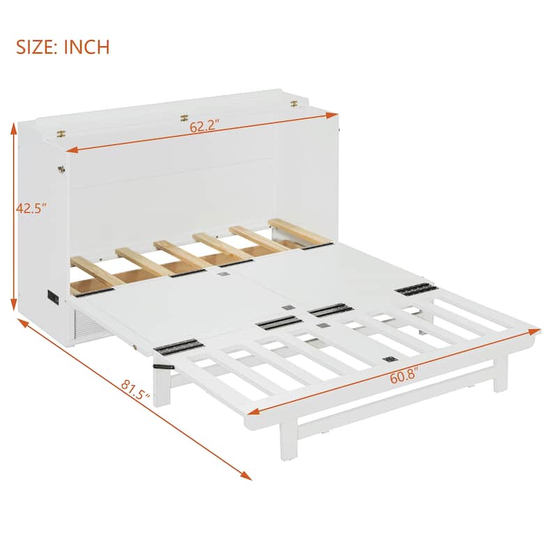 Queen Size Murphy Bed with Large Drawer,USB Ports and Outlets,White