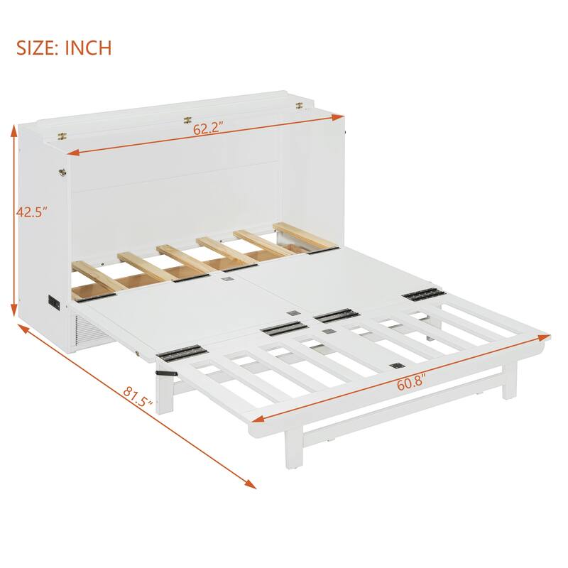 Queen Size Murphy Bed with Large Storage Drawer, USB Ports, and Outlets - Gray, Space-Saving Design