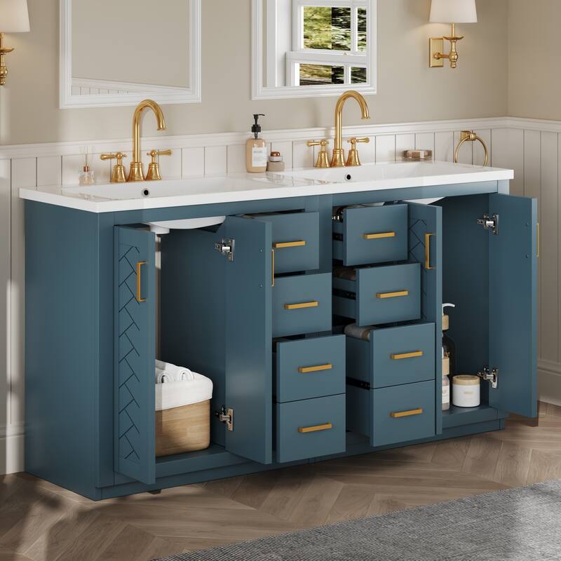 60''Vanity With Ceramic Sink Combo,Solid Wood Frame Storage Cabinet,Freestanding Vanity Set With 3 Drawers& Soft Closing Doors