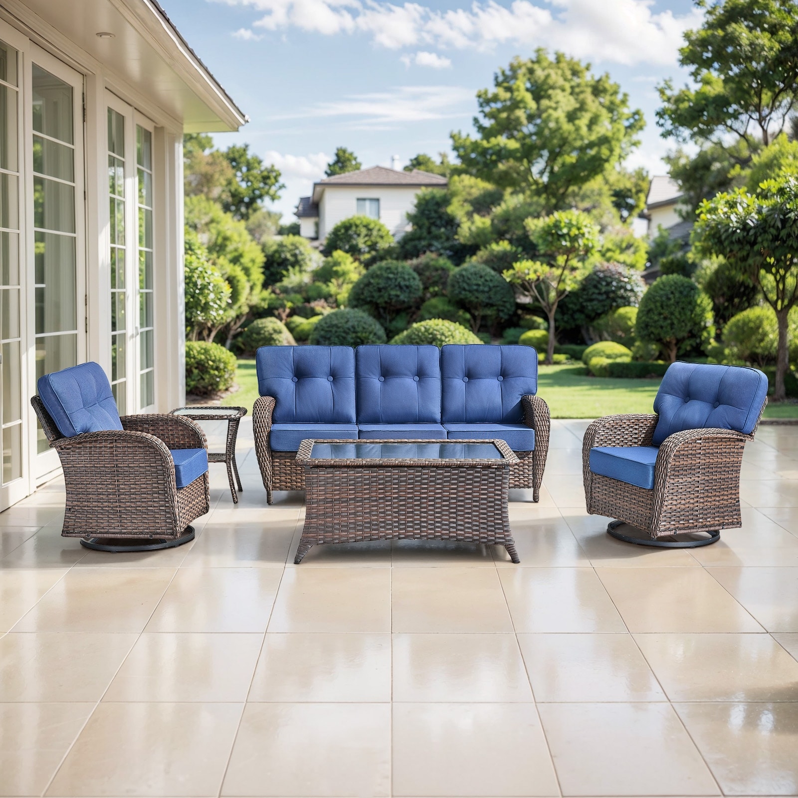 Meyreso 5-Piece Patio Brown Wicker Sofa Conversation Set with 5-Inch Thick Cushions