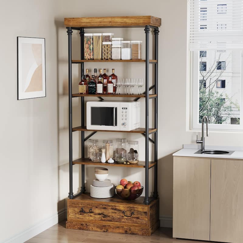 Bookshelf with Drawers,81.29" Tall, 5 - Tier Vintage Bookcase, Metal - Frame Shelf - Brown