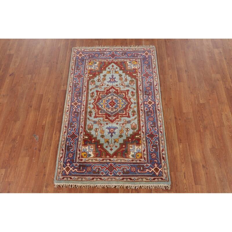 Turquoise Geometric Heriz Serapi Foyer Rug Hand-Knotted Wool Carpet - 3'0"x 4'11"