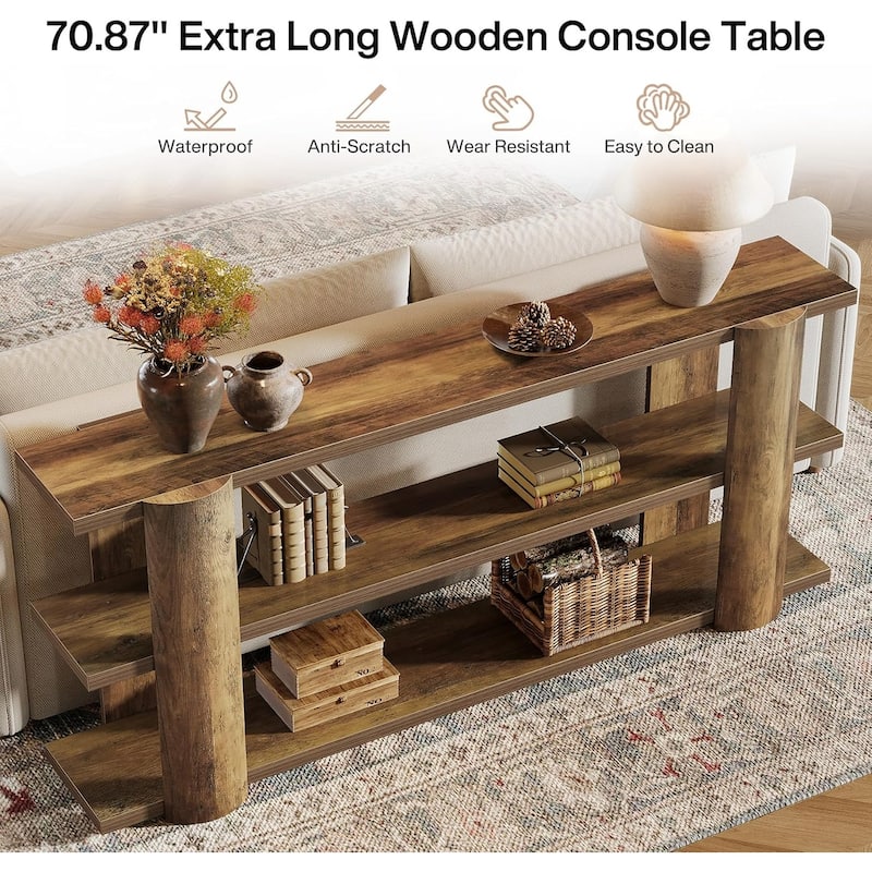 70.87" Farmhouse Extra Long Console Table, Narrow Wooden 3-Tier Sofa Table Behind Couch for Entryway, Living Room, Hallway Foyer