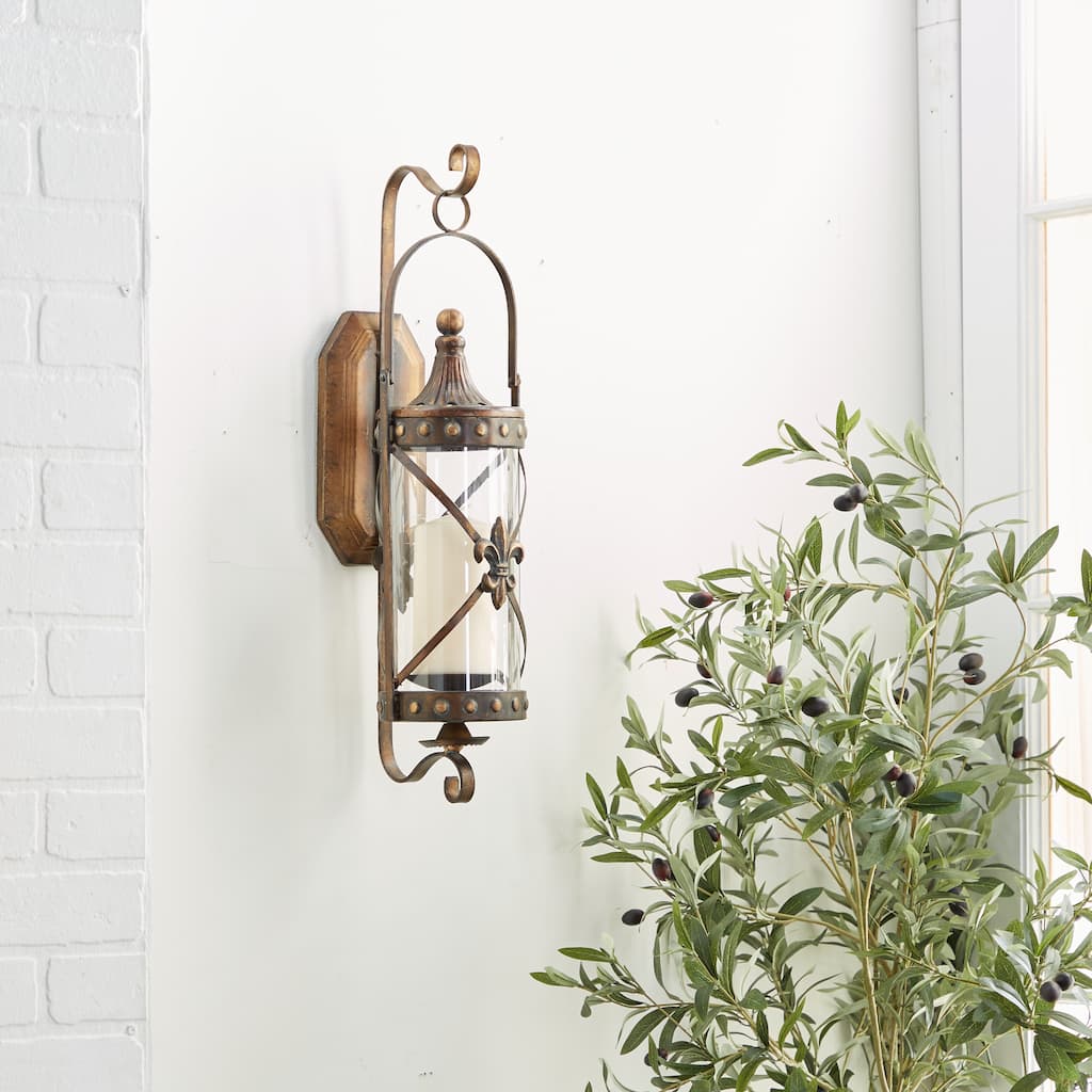Bronze Metal Suspended Studded Fleur De Lis Wall Sconce with Scroll Details - 7 x 6 x 20