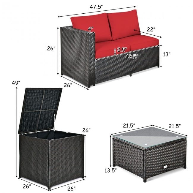 4 Pieces Outdoor Patio Rattan Furniture Set with Cushioned Loveseat and Storage Box - 47.5" x 26" x 26" (L x W x H)