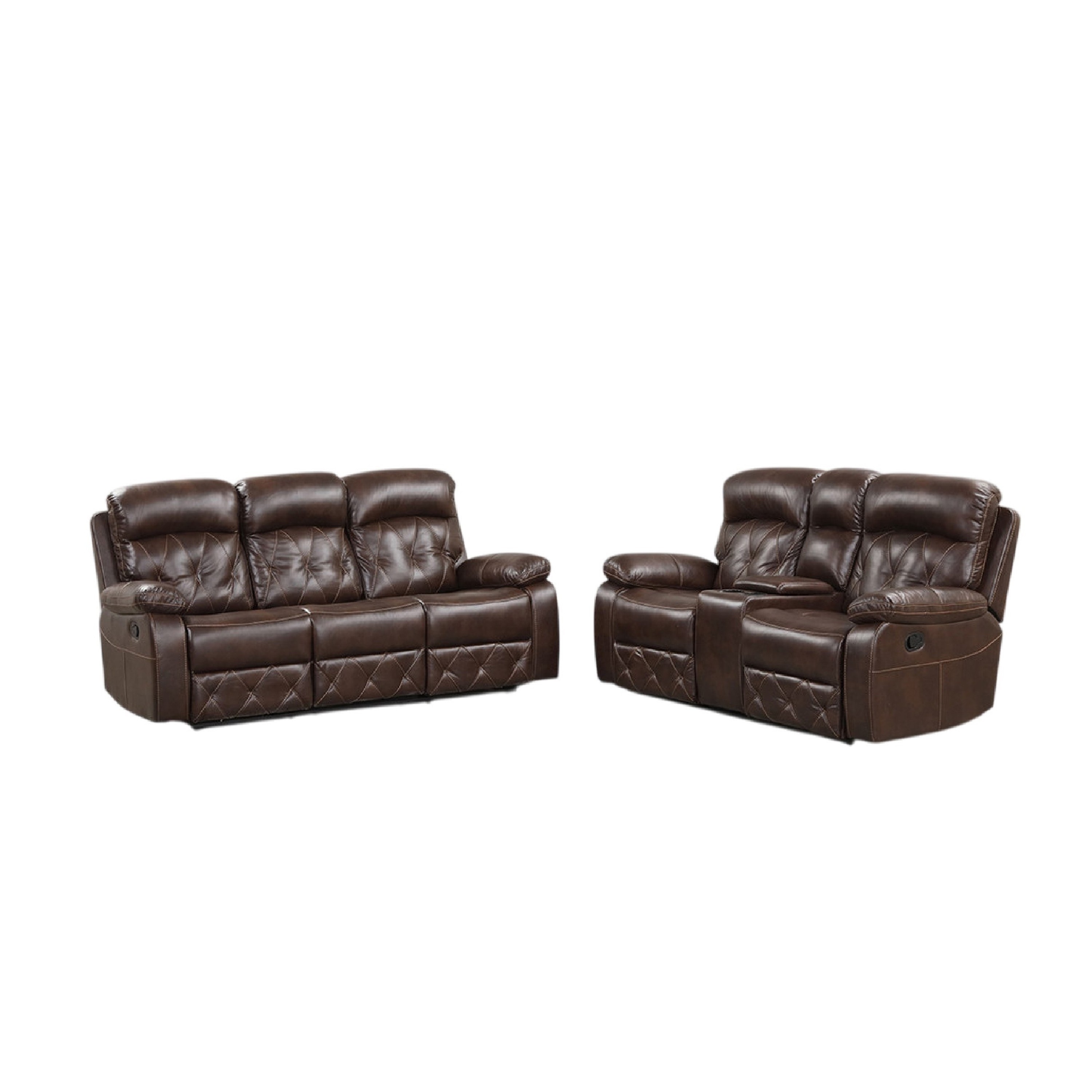 Kesy 2pc Manual Reclining Sofa and Loveseat Set, Brown Faux Leather