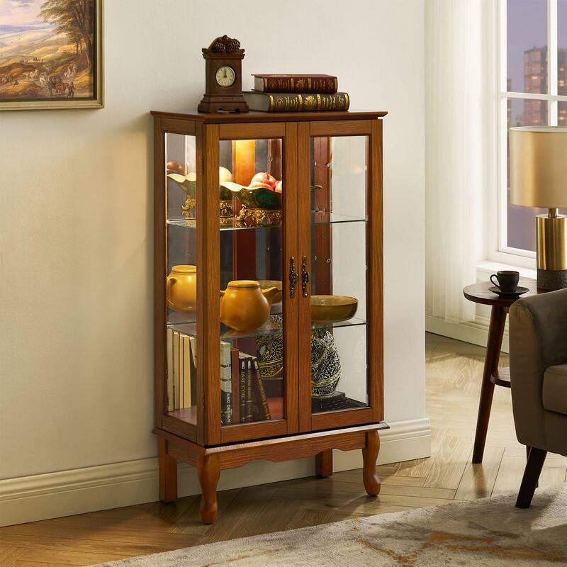 Curio Cabinet Lighted Diapaly Cabinet Wooden Shelving Unit with Adjustable Shelves and Mirrored Back Panel, Tempered Glass Doors