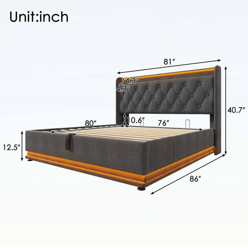 Classic Upholstered Bed with 360 LED Lighting,Hydraulic Storage,and USB Charging