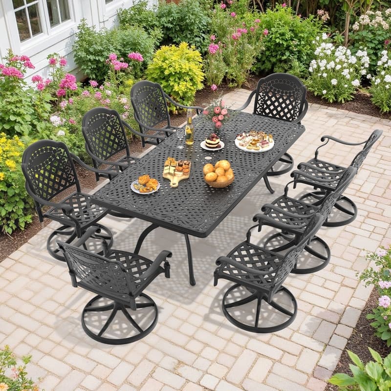 9-Piece Aluminum Rectangular Outdoor Patio Dining Set, 8 Cushioned Swivel Chairs, Table, All-Weather Frames