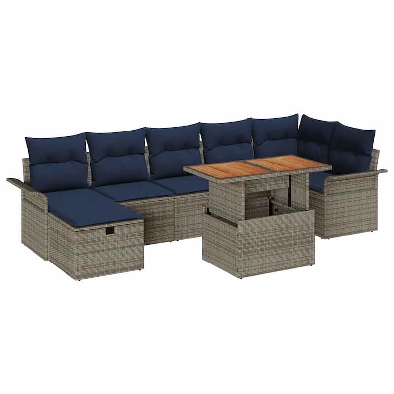 vidaXL 8 Garden Sofa Set with Cushions Black/Grey Poly Rattan - 117.1 x 52.2 x 27.2
