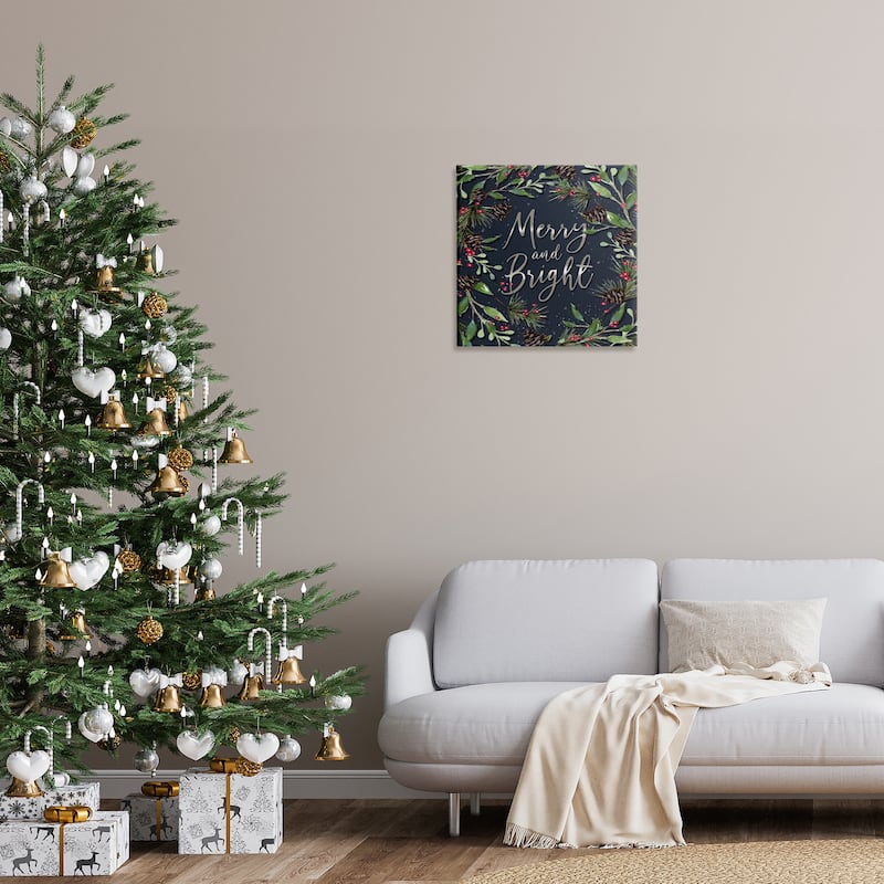 Stupell Merry & Bright with Holly Leaves Canvas Wall Art Design By Elizabeth Tyndall