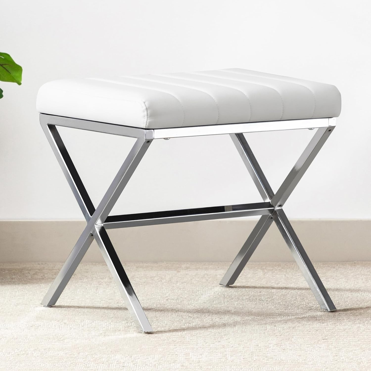 Modern PU Leather Ottoman Stool with Metal X Legs, Rectangle Padded Footrest for Makeup Room, Living Room, Bathroom, White