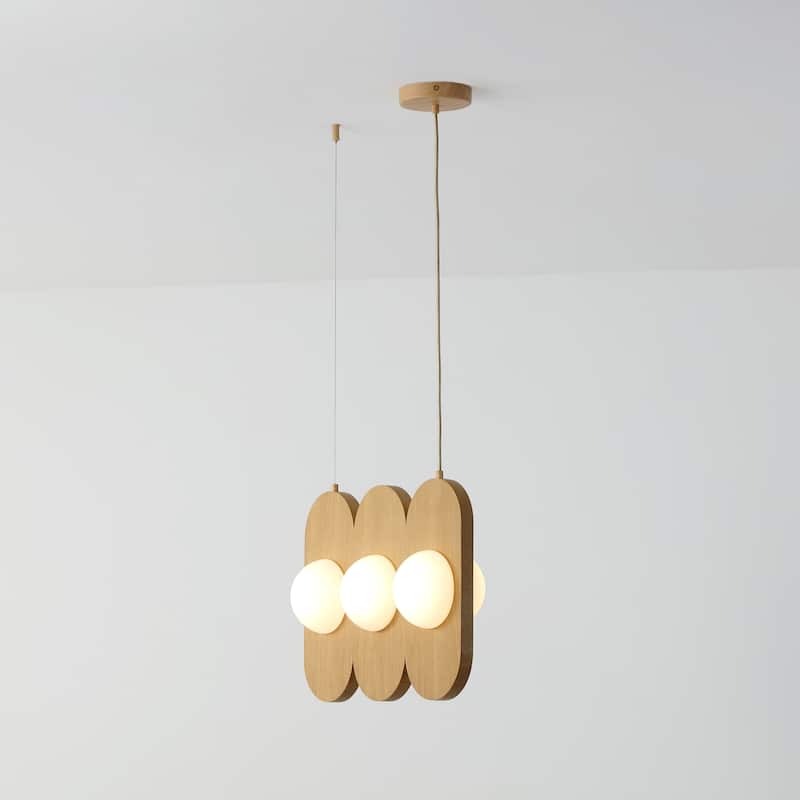 VidaLite Orbita 6-Light Natural Wood, Linear Pendant Integrated LED with Frosted Glass Shade - 14" x 18"