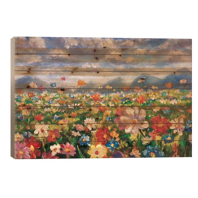 Flower Field In The Mountains Print On Wood by Valery Rybakow - Multi-Color - 18x26x1.5