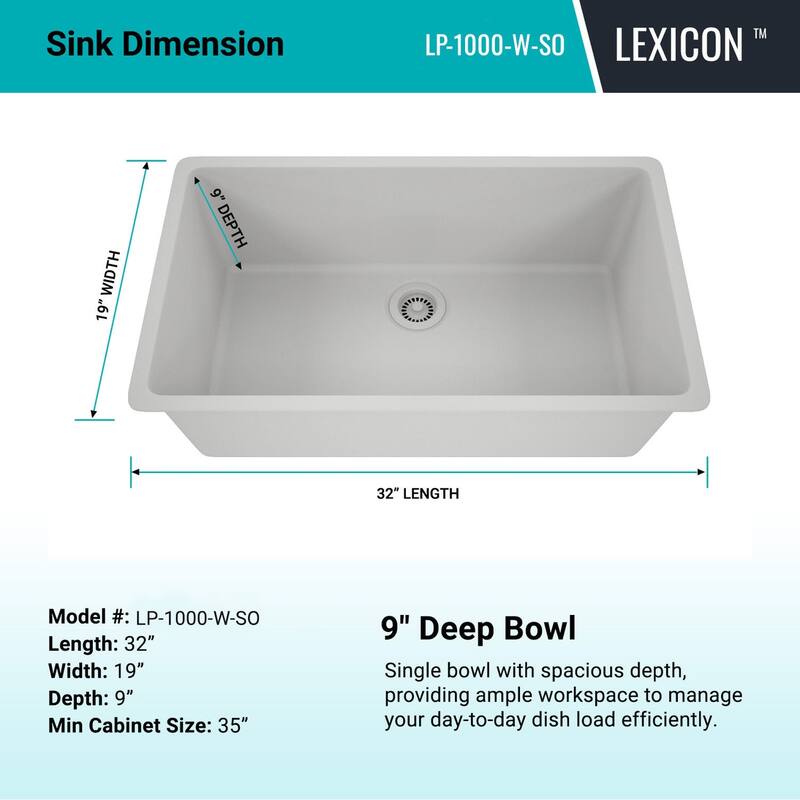 Lexicon Granite Composite 32 inch Kitchen sink in Galaxy White - 19x32