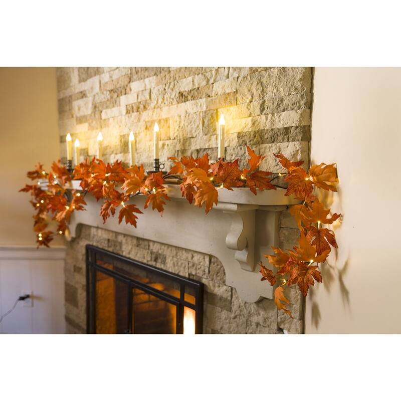 Plow & Hearth Indoor/Outdoor Maple Lighted Garland with 24 Lights Battery Operated, 6'L