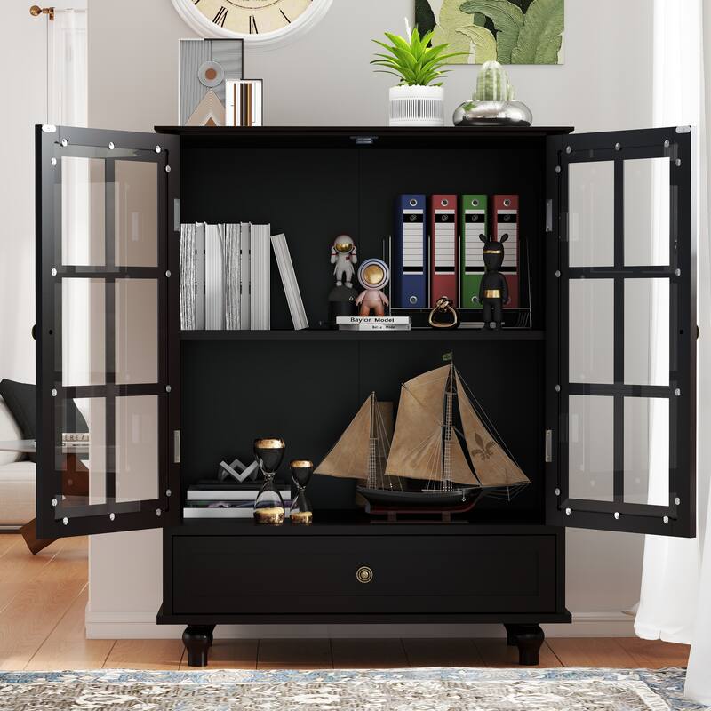 Accent Cabinet with Glass Doors and Drawers, Wooden Buffet and Sideboard Cupboard with Storage