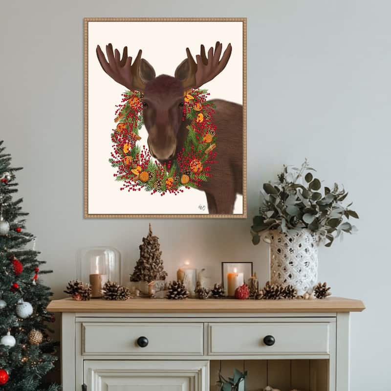 Christmas Moose and Cranberry Wreath by Fab Funky (23 x 28 in.), Framed Canvas Wall Art Print - Sylvie Beaded Rustic Natural