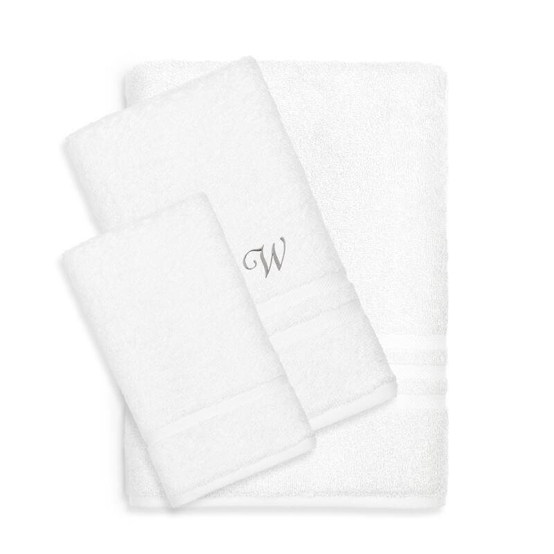 Authentic Hotel and Spa Omni Turkish Cotton Terry 3-piece White Bath Towel Set with Grey Script Monogrammed Initial - White/W