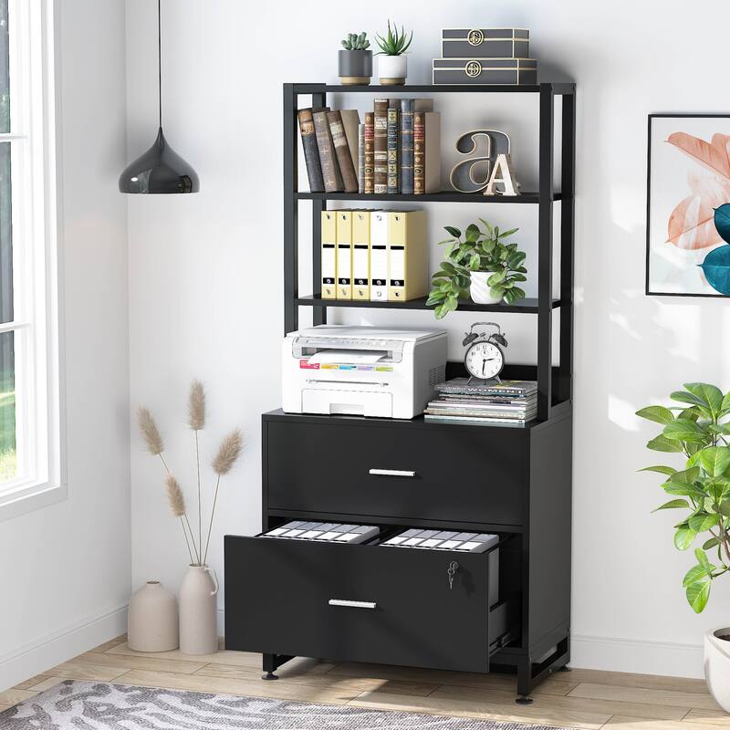 Bookshelf Bookcase with Open Storage Shelves 2 Drawer - Black