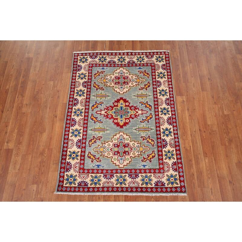 Geometric Kazak Foyer Rug Hand-Knotted Blue Wool Carpet - 3'4" x 4'9"