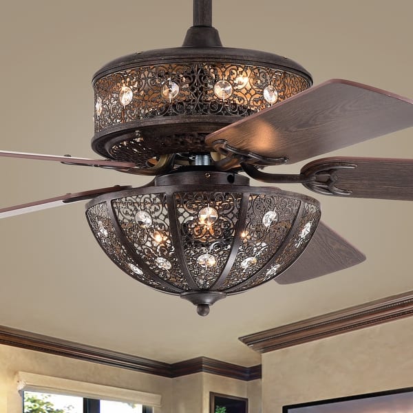 slide 2 of 15, Milly Antique Bronze 52-Inch 5-Blade Flower Pattern Metal/Crystal Lighted Ceiling Fan