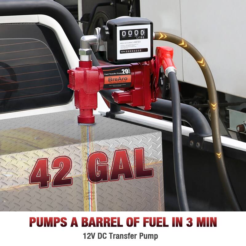Fuel Transfer Pump 12 Volt 20 GPM with Automatic Nozzle & Mechanical Meter Package (Gallons), Cast Iron Heavy Duty Transfer Pump